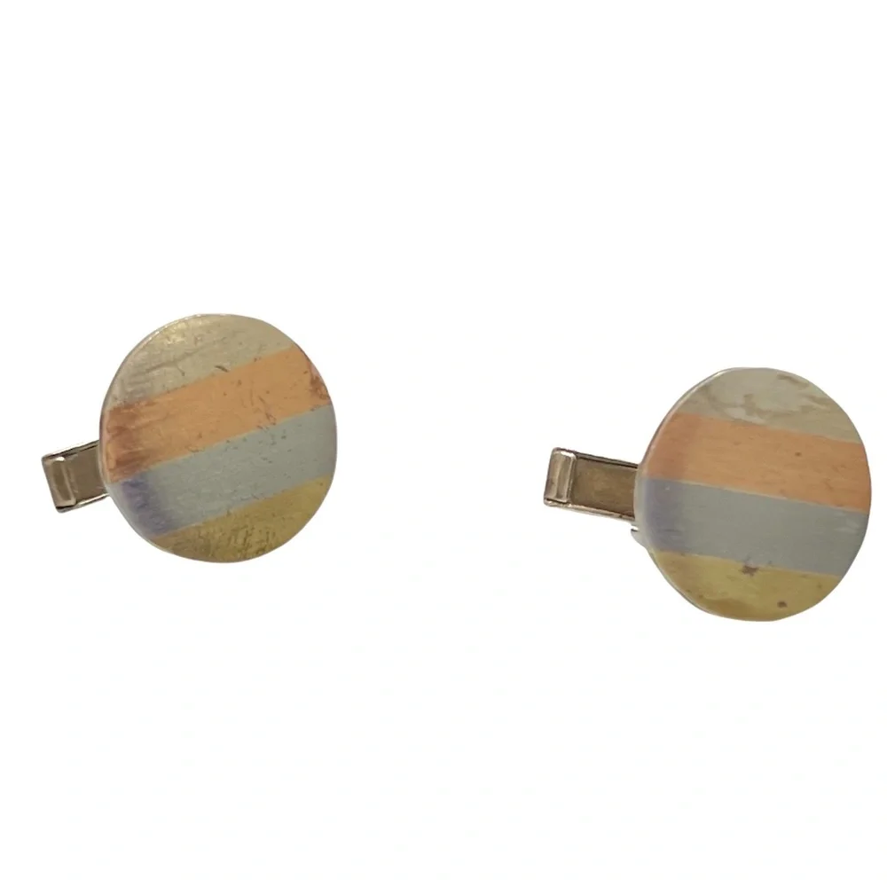 VINTAGE ALPACA MADE IN MEXICO 4 METAL COLOR STRIPE ROUND CUFFLINK